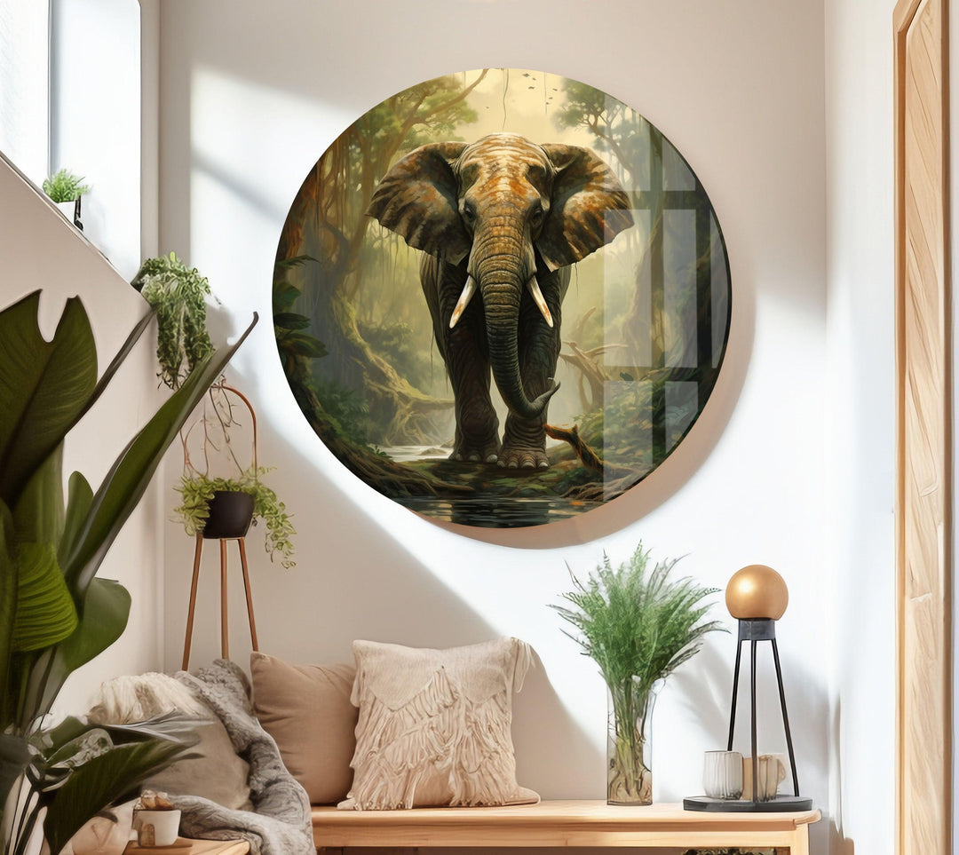 Elephant in Forest Glass Wall Art Glass Printing Wall Art, Print photos on glass
