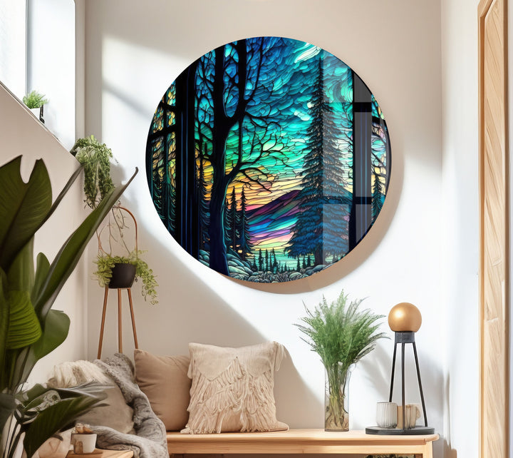 Stained Night Forest Glass Wall Art photo print on glass, prints on glass wall art