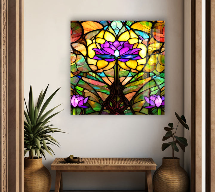 Stained Glowing Purple Lotus Glass Wall Art, glass image printing, glass prints from photos