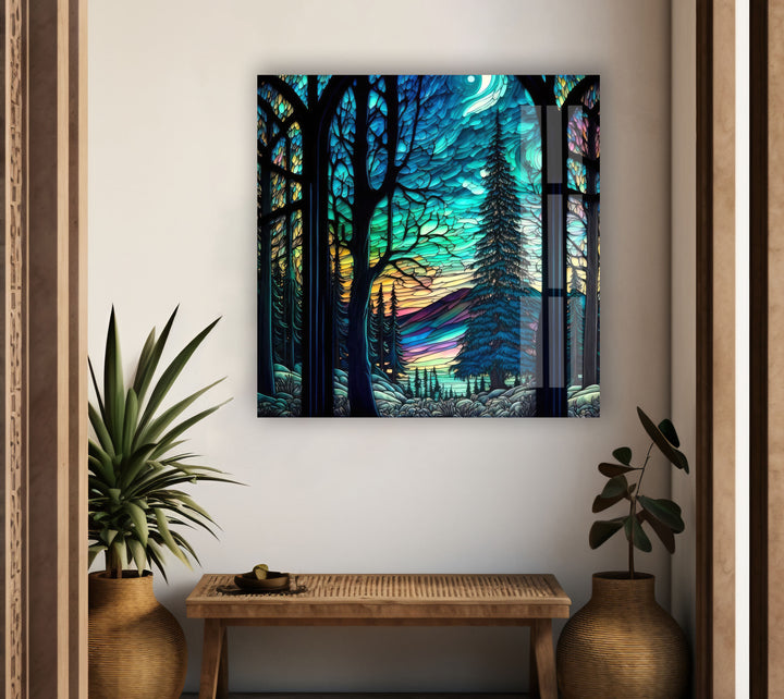 Stained Night Forest Glass Wall Art large glass photo prints, glass wall photos