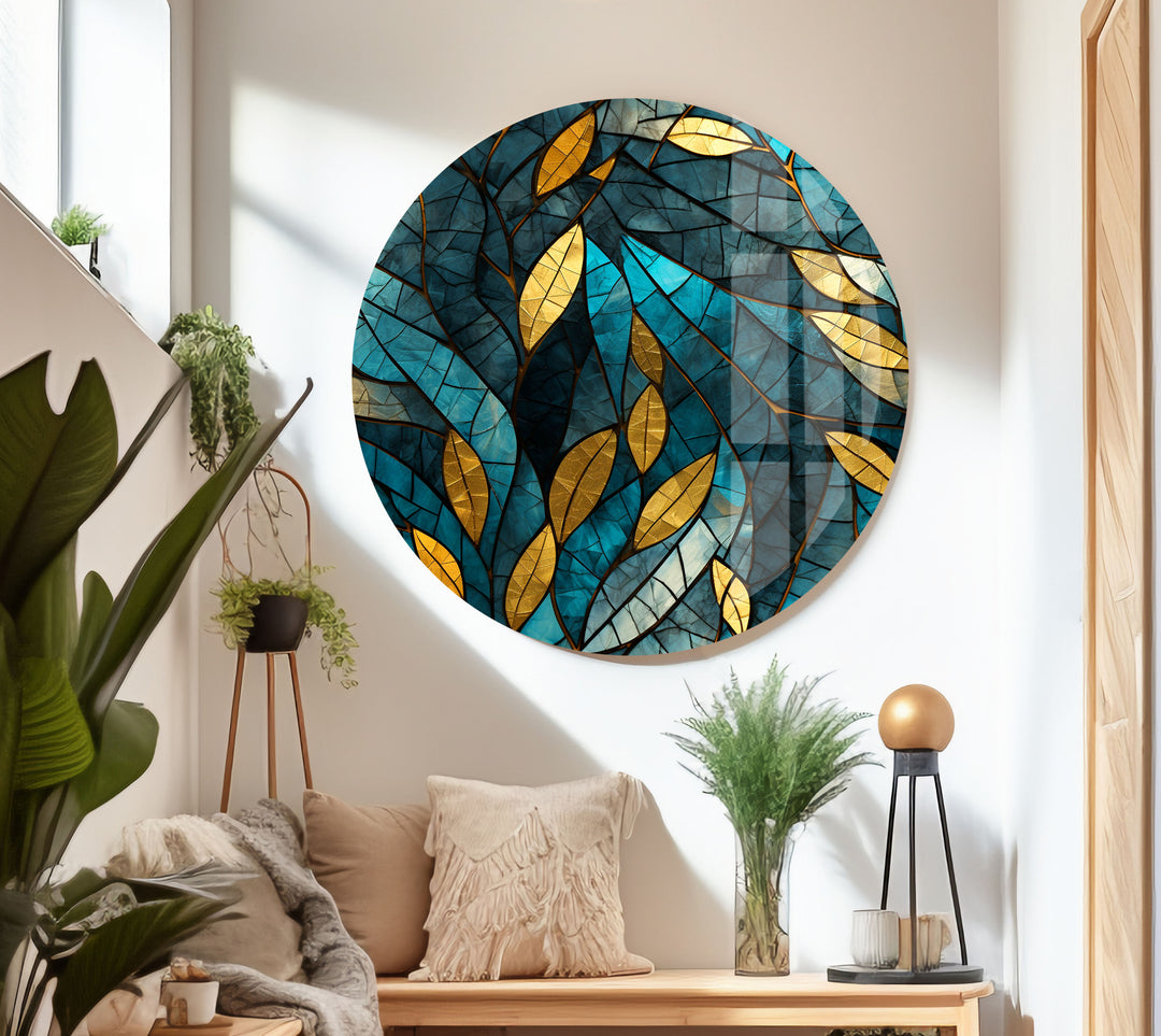 Blue & Gold Leaves Glass Wall Art Glass Printing Wall Art, Print photos on glass