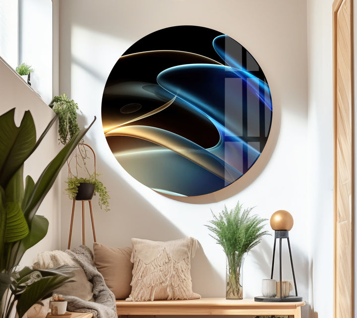 Blue Neon Wave Abstract Glass Wall Art, photo print on glass, prints on glass wall art