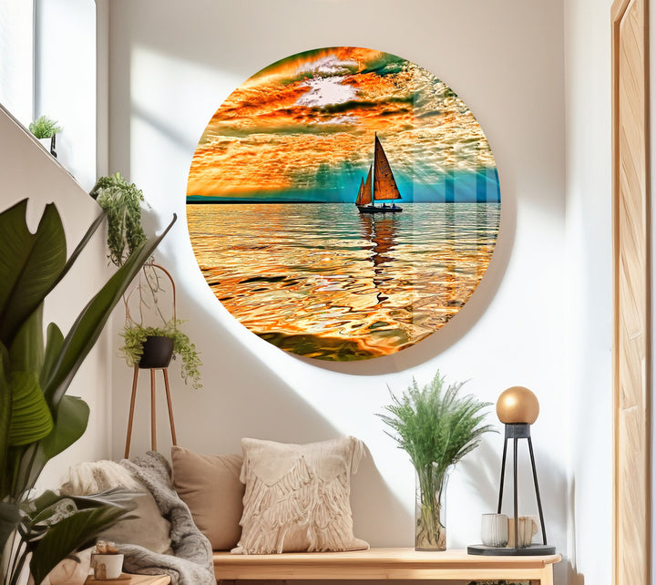 Sailboat Red Sea Sun Glass Wall Art