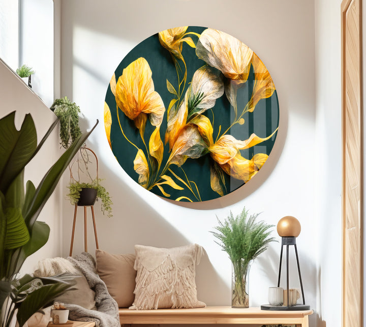 Golden Buds And Green Leaves Glass Wall Art, glass pictures for Wall, glass prints wall art