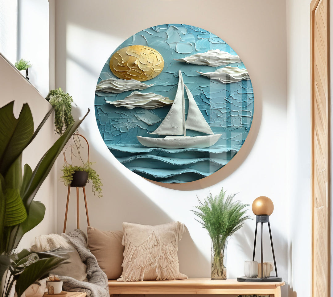 Boat Sea Clay Art Glass Wall Art glass pictures for Wall, glass prints wall art
