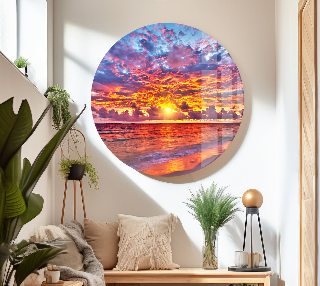 Colorful Sunset Over Ocean Glass Wall Art