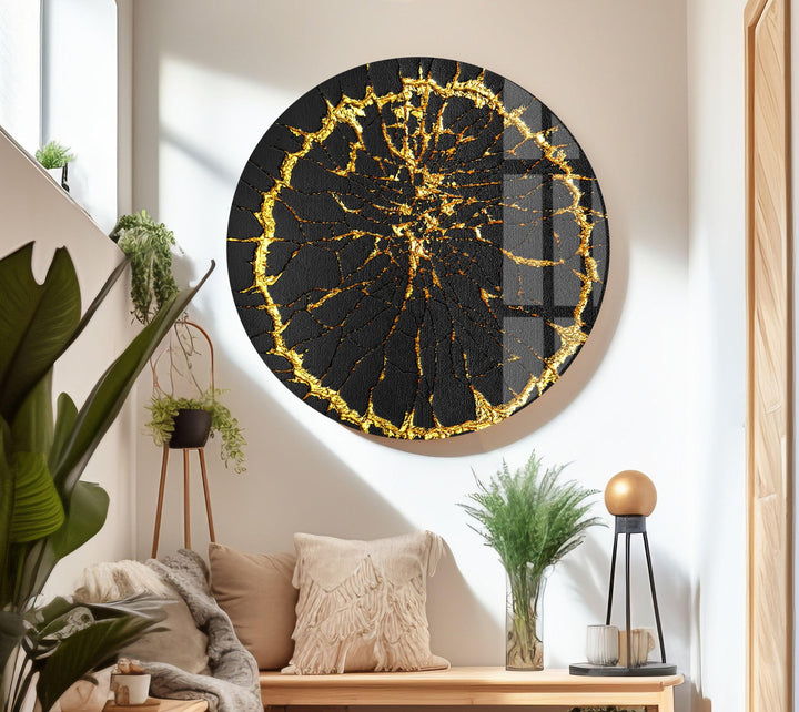 Golden Cracks Abstract Glass Wall Art