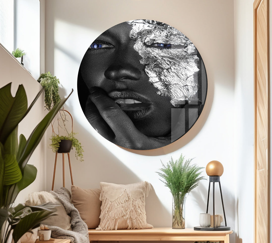 Silver Face African Woman Glass Wall Art