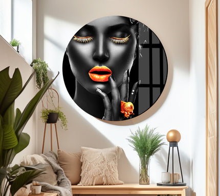 Gold Lips Woman Portrait Glass Wall Art