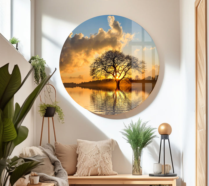 Lonely Tree At Sunset Glass Wall Art glass art painting, glass art for the Wall