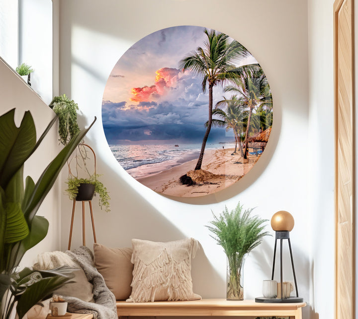 Tropical Beach With Palm Tree Glass Wall Art