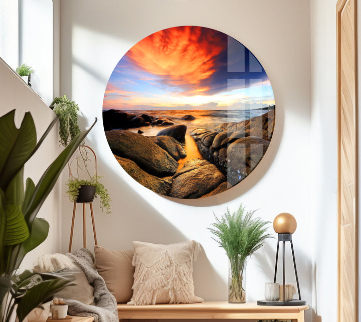 Stone Beach Sunset Glass Wall Art glass art painting, glass art for the Wall