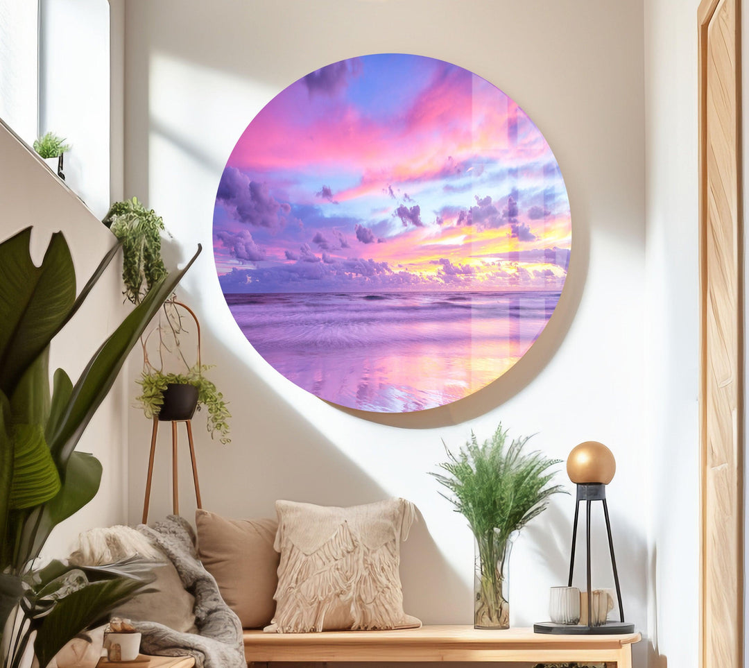 Pink Sky Ocean Glass Wall Art print picture on glass, Tempered Glass Wall Art