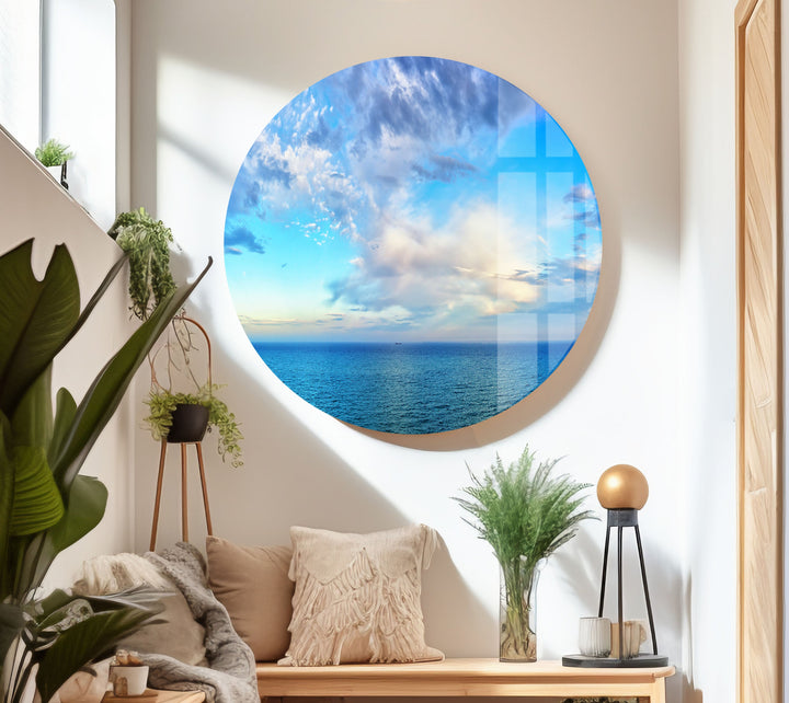 Blue Sky & White Clouds Glass Wall Art             glass wall decor, glass wall art decor