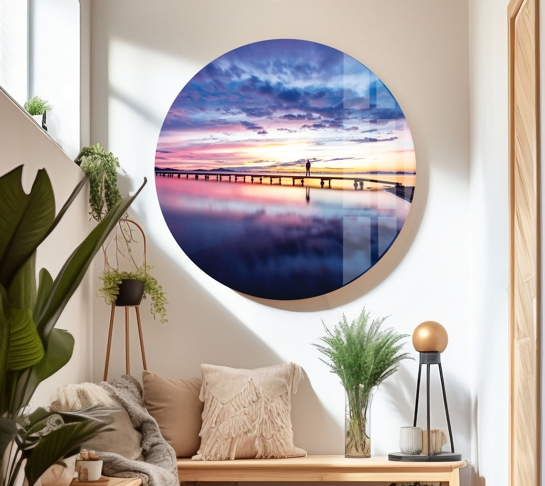 Sunset Pier Landscape Glass Wall Art photo print on glass, prints on glass wall art