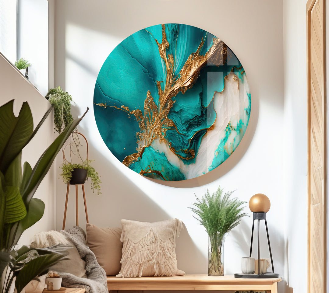 Gold Ink Turquoise Abstract Glass Wall Art, 