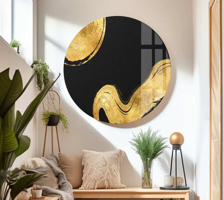 Gold Waves on Black Abstract Glass Wall Art, custom glass photo prints, large glass prints