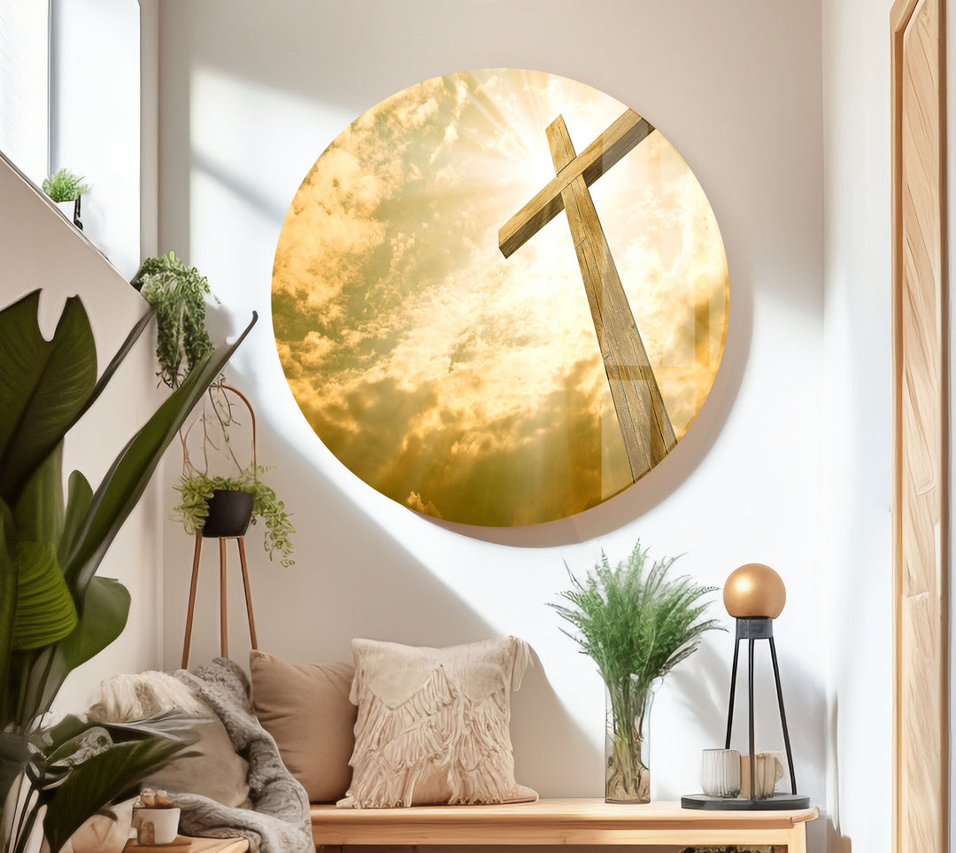 Yellow Christian Jesus Cross Glass Picture Prints