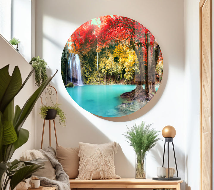 Waterfall in Autumn Forest Glass Wall Art Glass Printing Wall Art, Print photos on glass