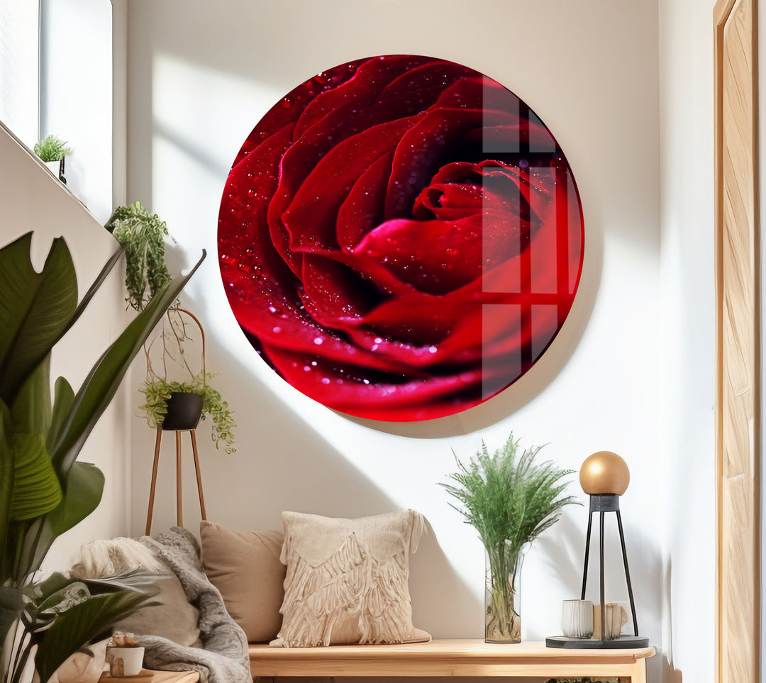 Red Rose With Water Drops Glass Wall Art, glass art painting, glass art for the Wall