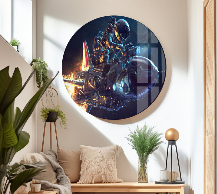 Astronaut On Rocket Glass Wall Art, custom glass pictures, glass art prints