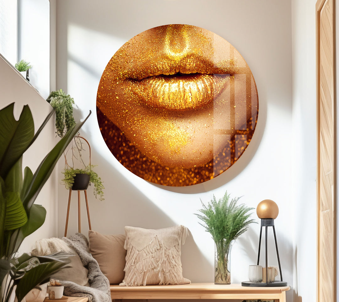 Gold Lips Black Woman Tempered Glass Wall Art - MyPhotoStation