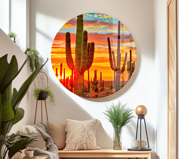 Desert Sunset With Saguaros Glass Wall Art