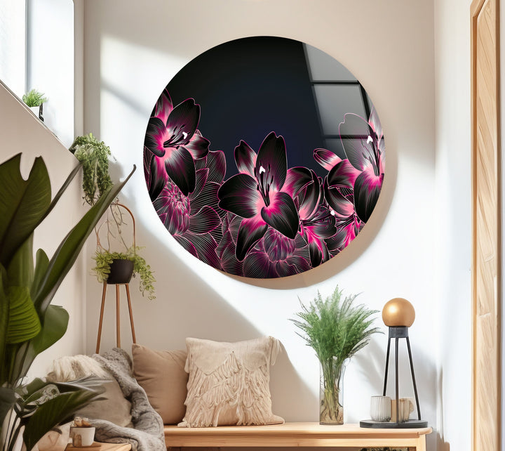 Pink Botanical Floral On Black Glass Wall Art, glass image printing, glass prints from photos
