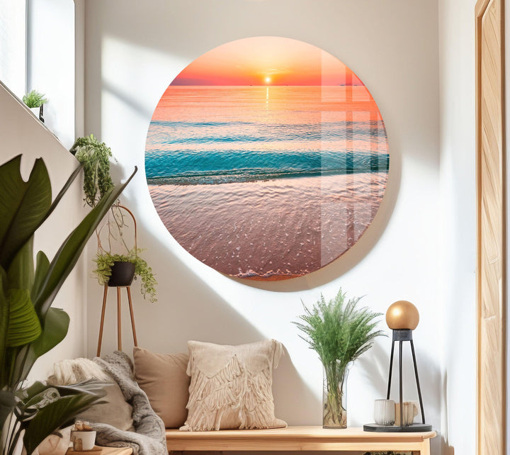 Calm Sea With Sunset Glass Wall Art