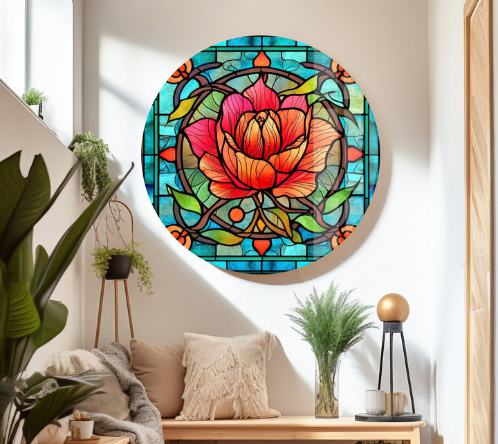 Red Floral Stained Glass Wall Art custom glass photo prints, large glass prints