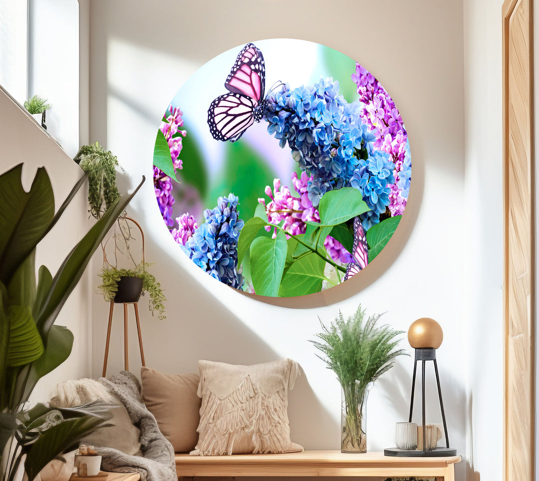 Butterfly And Lilac Flower Glass Wall Art, glass photo prints, glass picture prints
