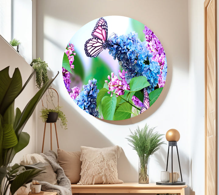 Butterfly And Lilac Flower Glass Wall Art, glass photo prints, glass picture prints
