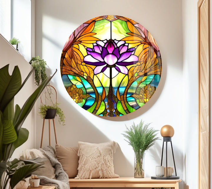 Stained Glass Lotus Flower Glass Wall Art, glass art painting, glass art for the Wall