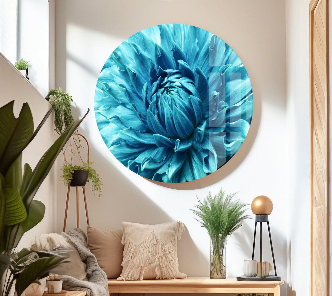 Dahlia Turquoise Flower Glass Wall Art, glass photo prints, glass picture prints