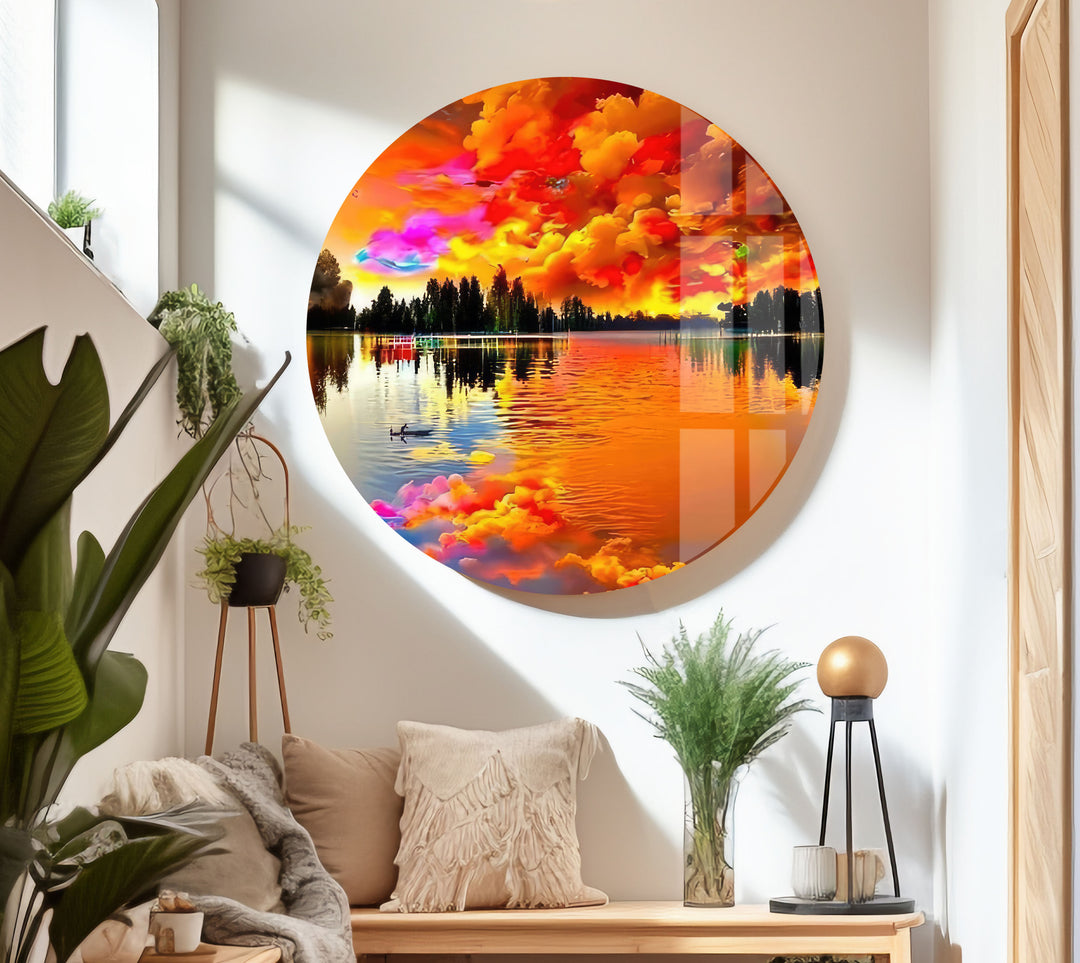 Fiery Sky Reflected in Lake Glass Wall Art stained glass wall art, stained glass wall decor