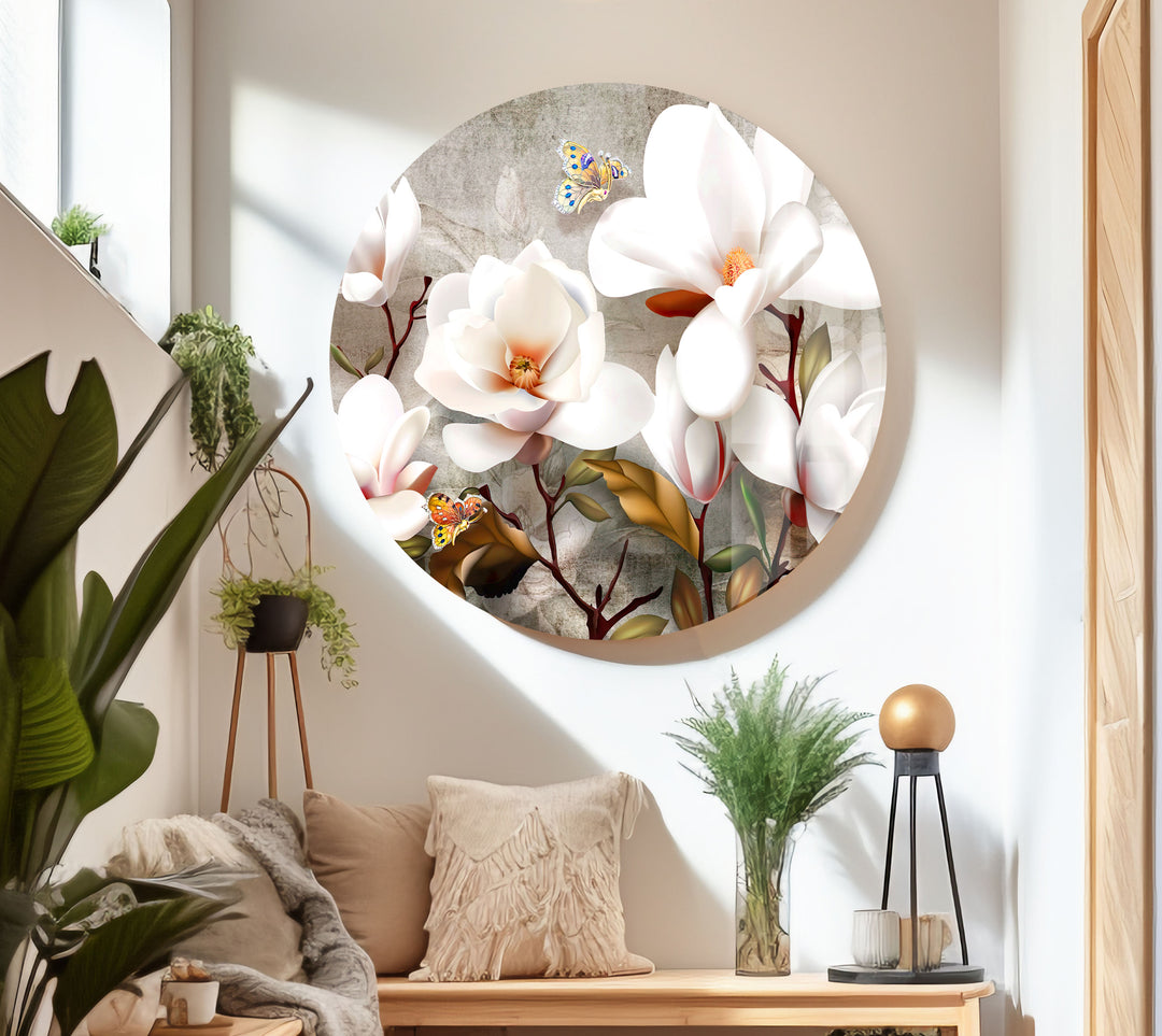 3D White Magnolia Glass Wall Art, custom glass pictures, glass art prints