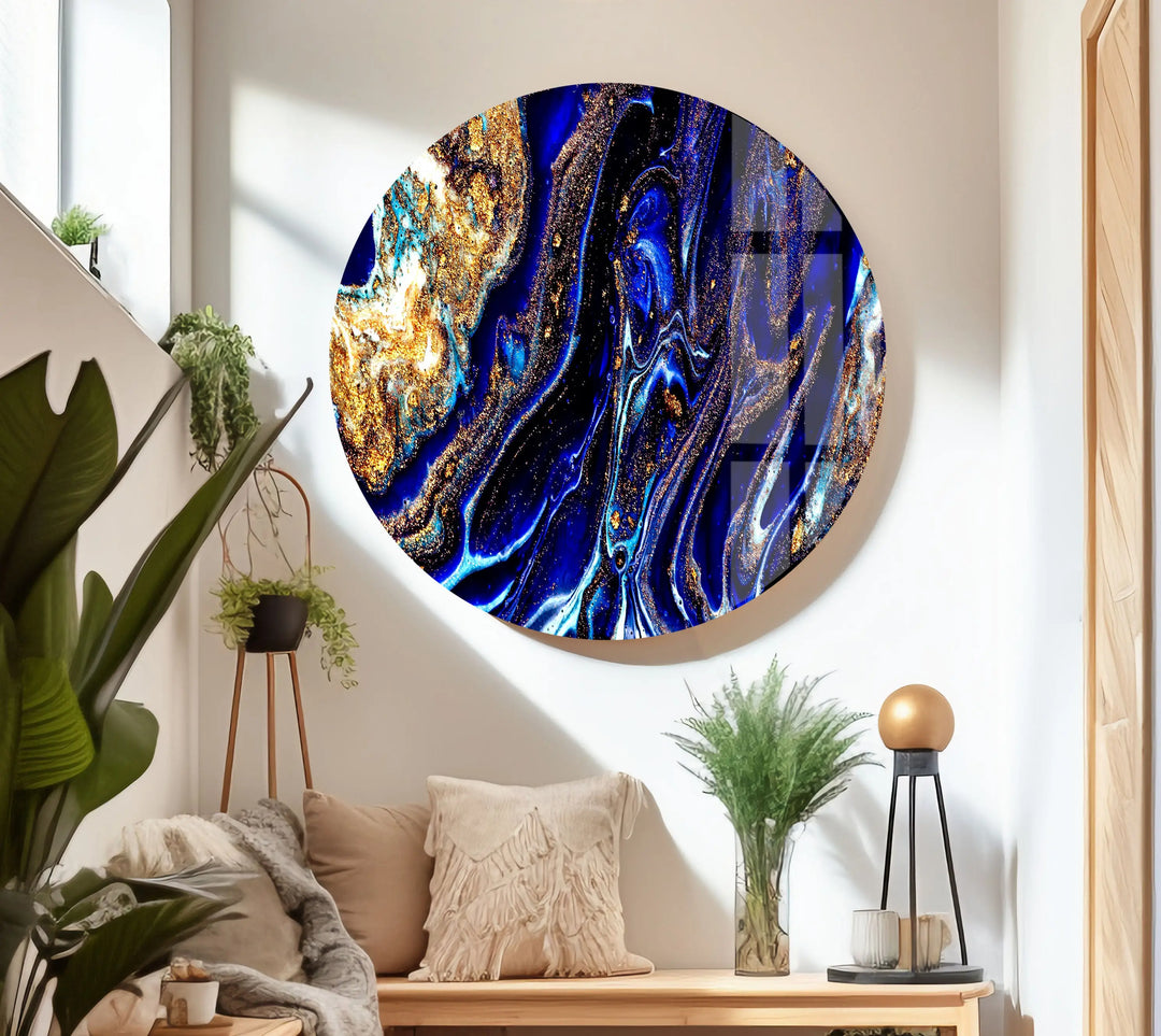 Blue with Gold Sparkles Abstract Glass Wall Art glass art painting, glass art for the Wall