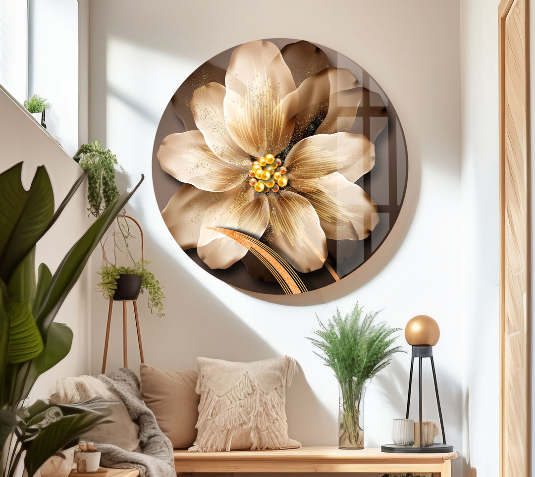 Golden Flower Glass Wall Art, Glass Printing Wall Art, Print photos on glass