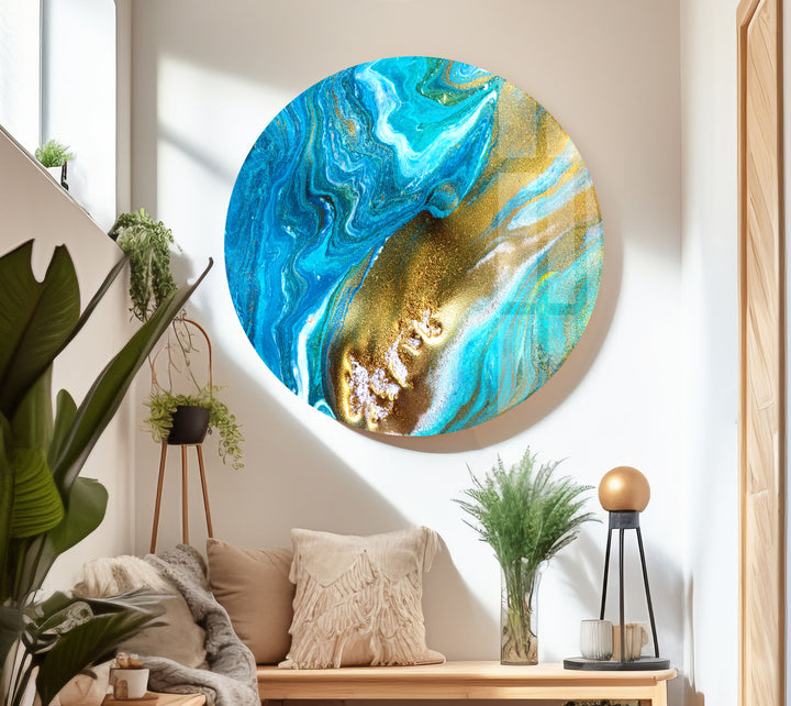 turquoise and gold alcohol ink wall art