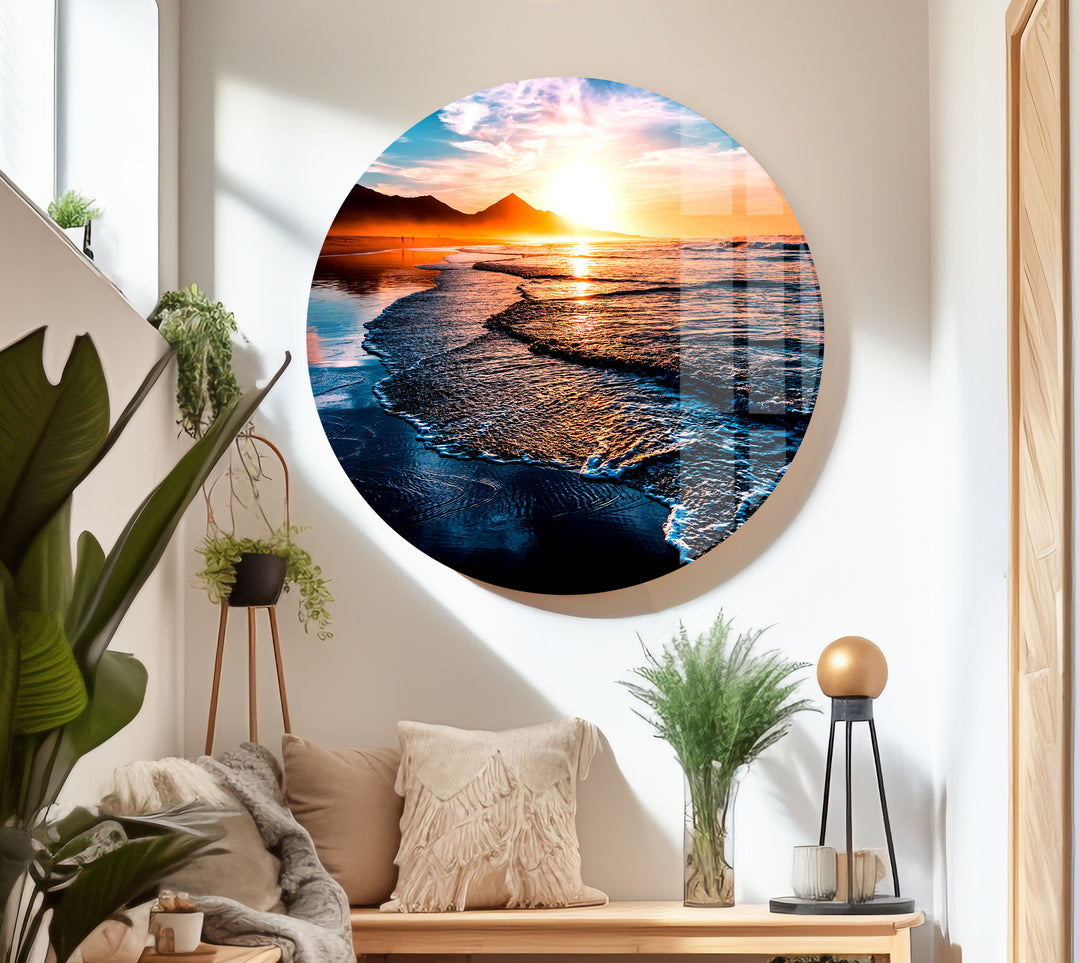 Beach at Sunset & Waves Glass Wall Art glass pictures for Wall, glass prints wall art