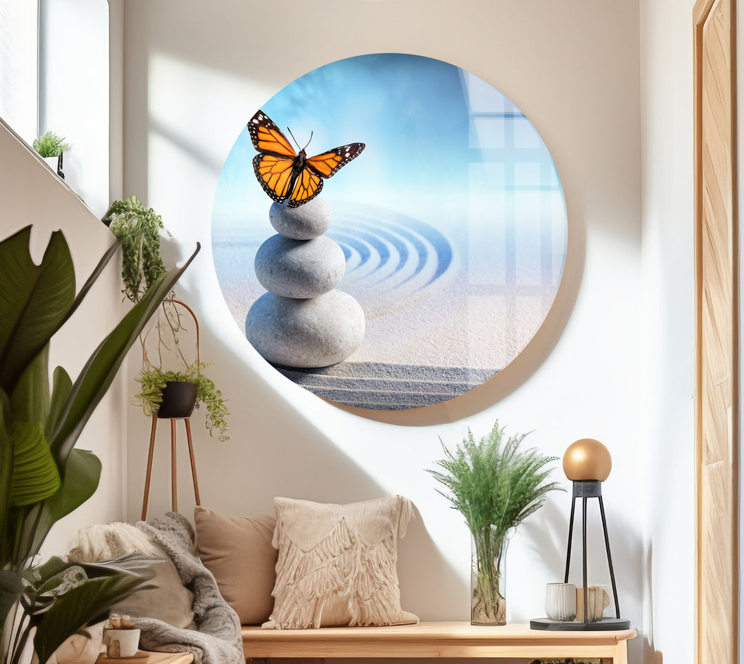 Zen Spa Stones Butterfly Glass Wall Pictures & Cool Art Decor