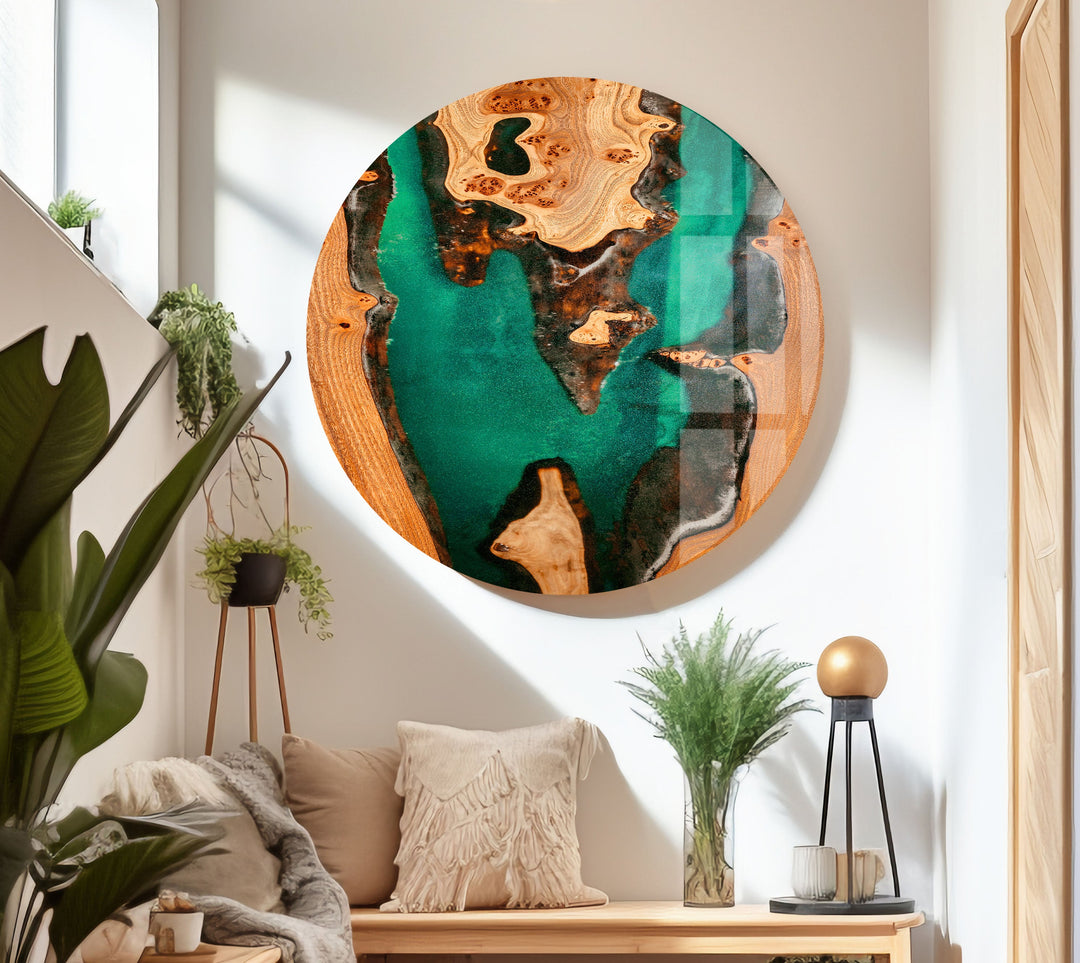 Wooden Green Epoxy Abstract Glass Wall Art