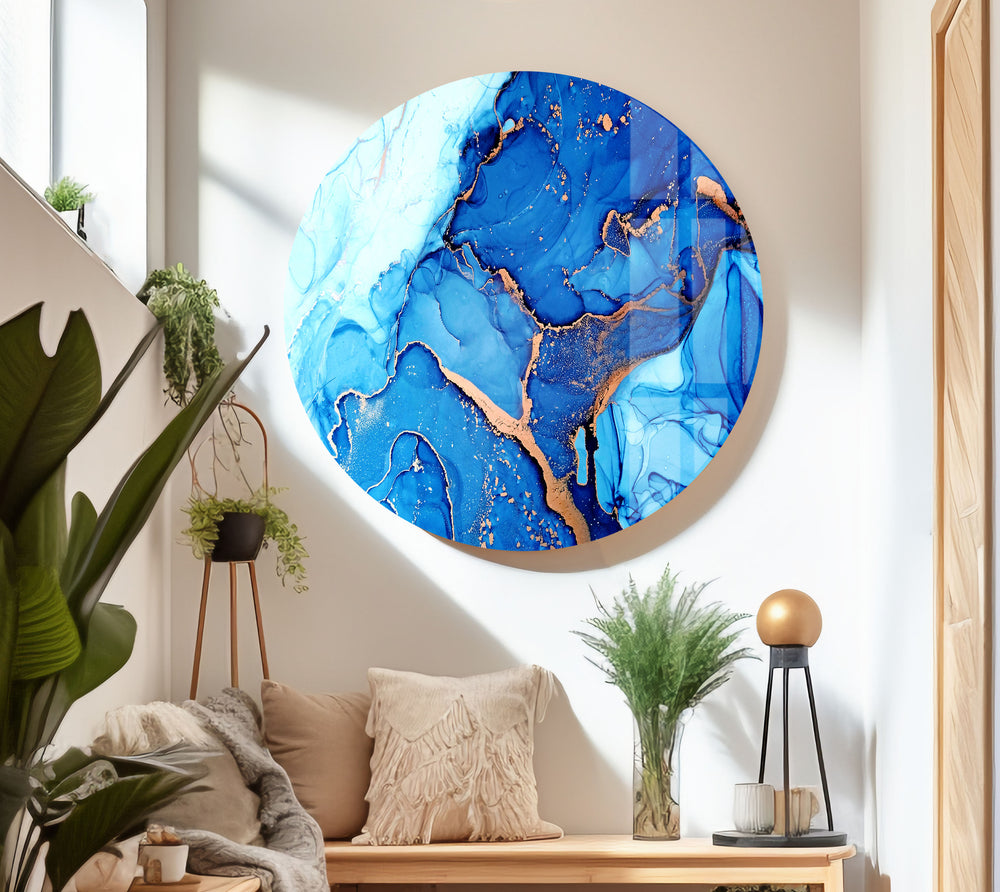 Blue and Gold Abstract Tempered Glass Wall Art - MyPhotoStation