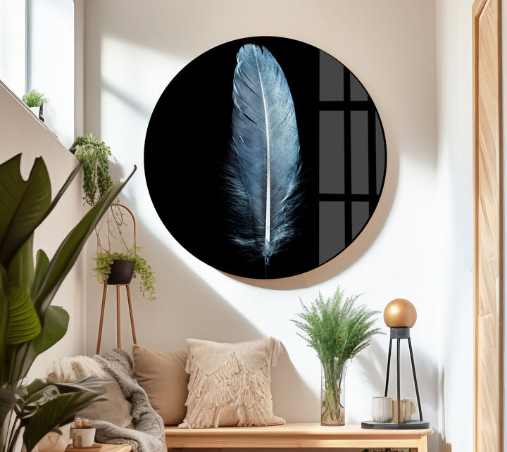 Large Blue Feather Glass Wall Art, photo print on glass, prints on glass wall art