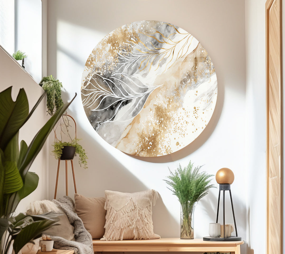 Golden Leaves Abstract Tempered Glass Wall Art