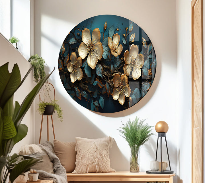 Beige & Blue Botanical Glass Wall Art photo print on glass, prints on glass wall art
