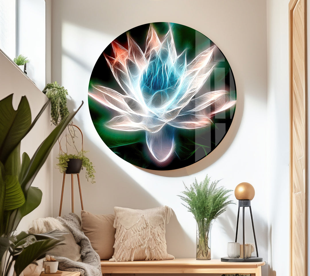 Glowing Lotus Illustration Glass Wall Art, glass art painting, glass art for the Wall