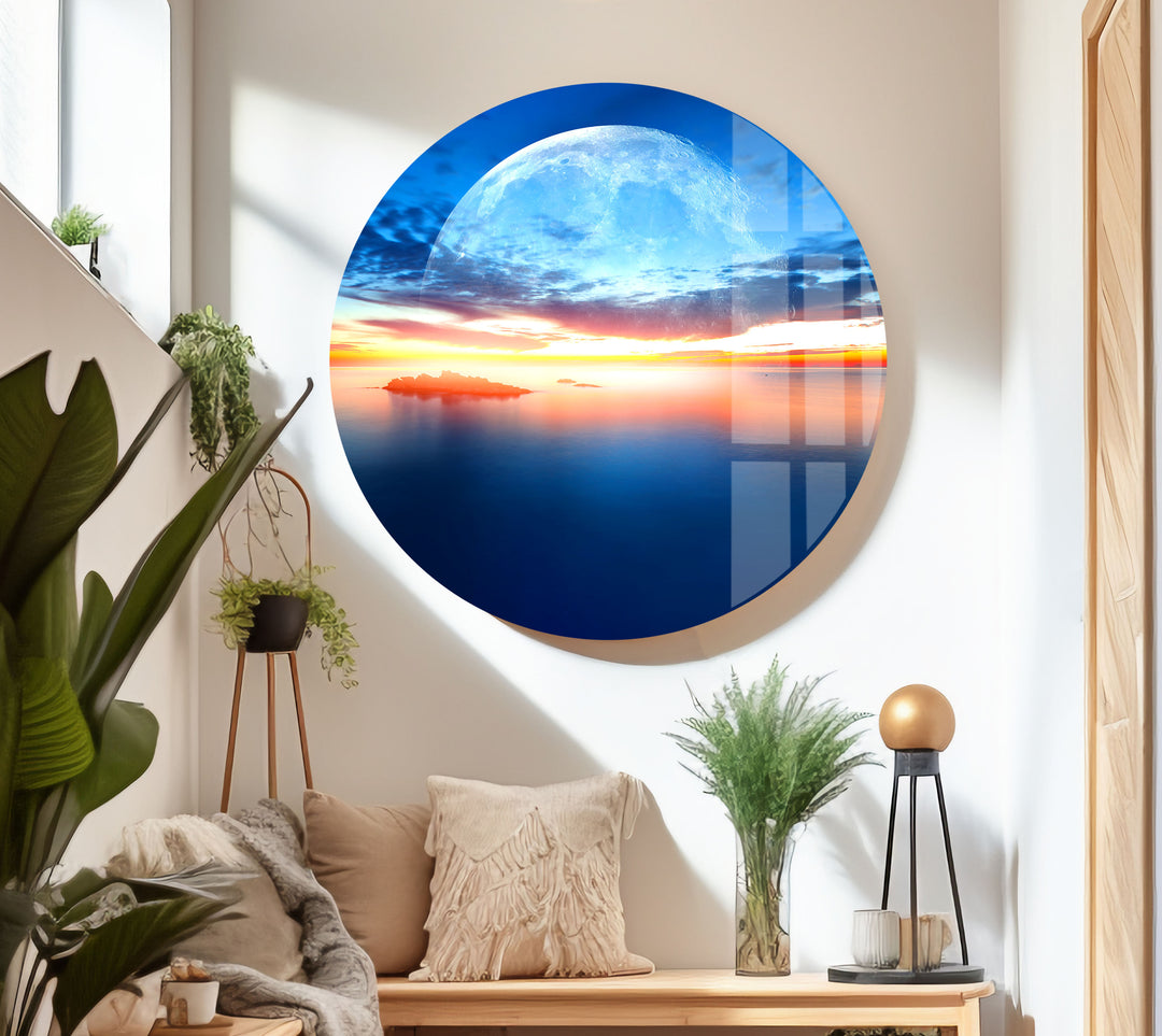 Sunset at Sea With Moon Glass Wall Art print picture on glass, Tempered Glass Wall Art