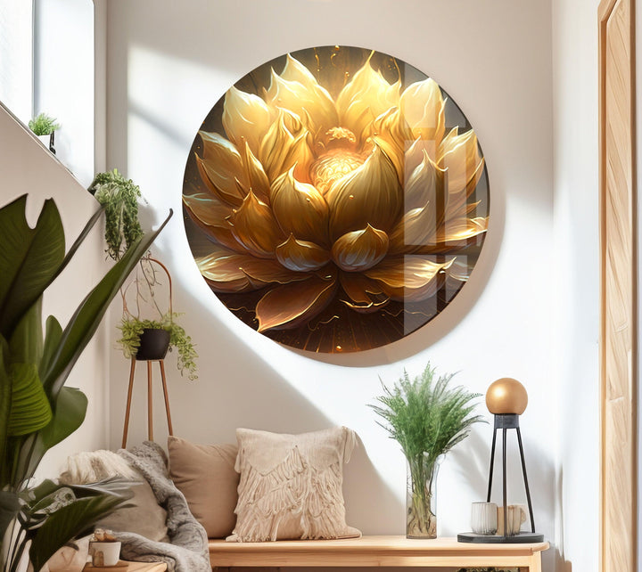 Golden Flower Black Background Glass Wall Art, custom glass photo prints, large glass prints