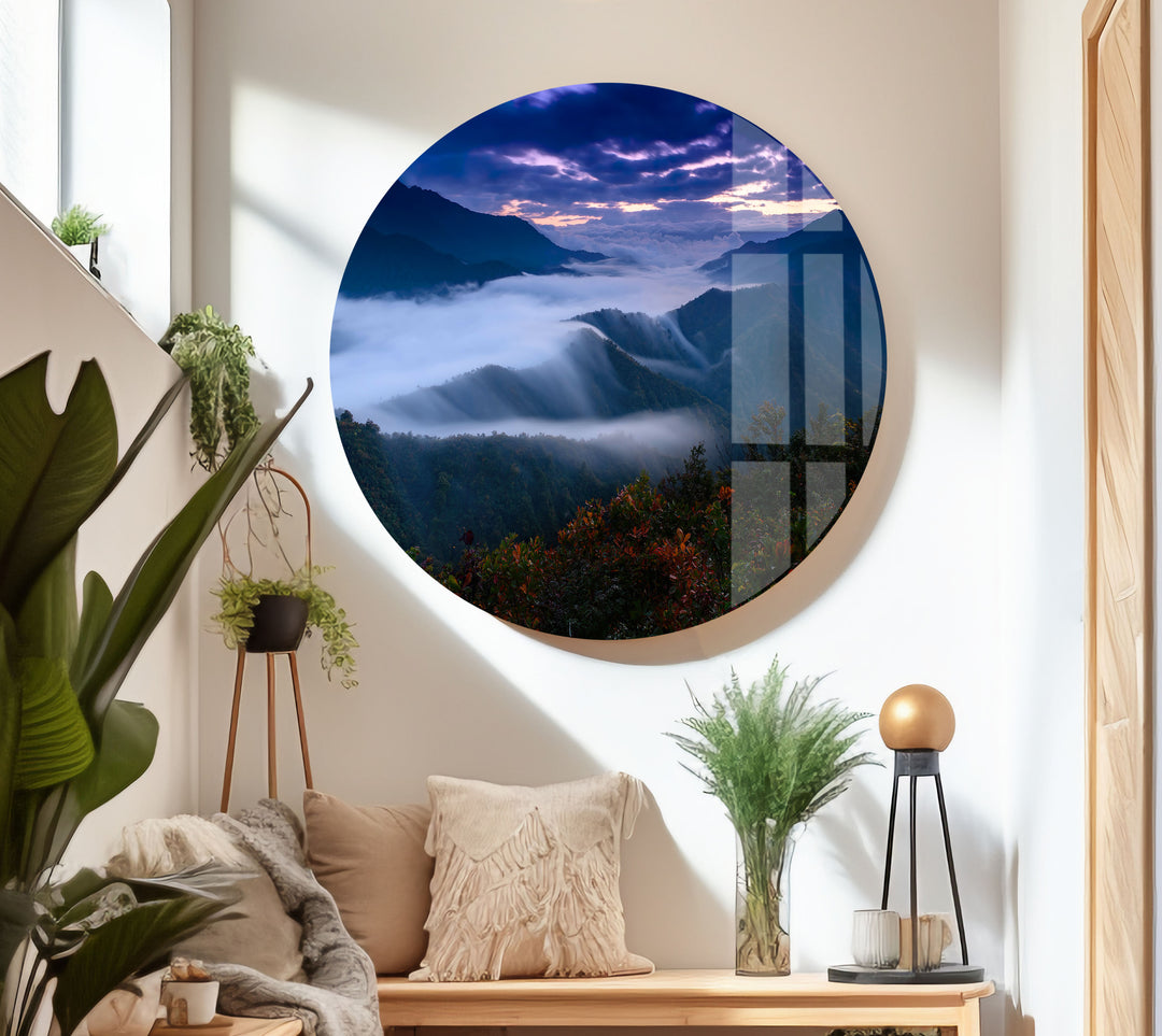 Foggy Mountain Landscape Glass Wall Art